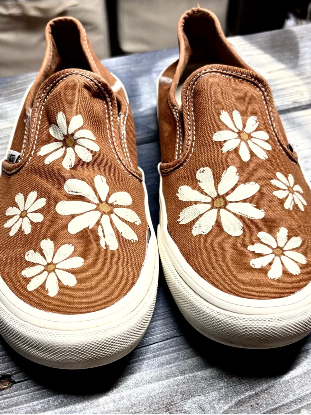 Vans Brown Slip-On Sneakers with White Daisy Print